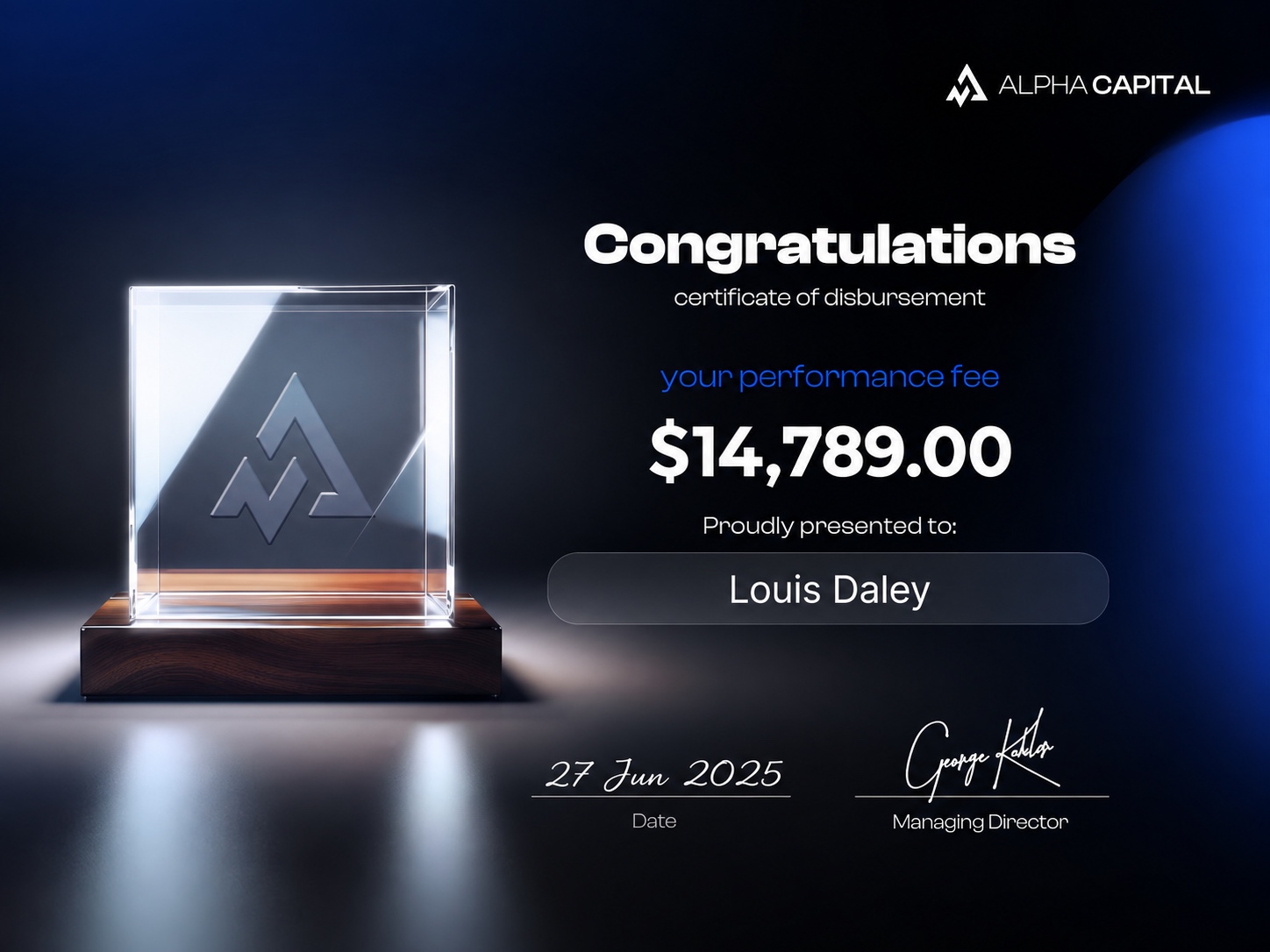 Verified Alpha Capital trading profit certificate